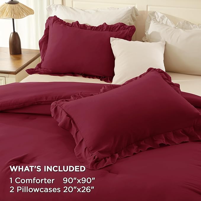 Andency Burgundy Comforter Set Queen Size, Lightweight Fluffy Farmhouse Ruffle Bedding Set, Soft Microfiber All Season Shabby Chic Bed Comforter Set 3 Pieces(1 Comforter 2 Pillowcases)