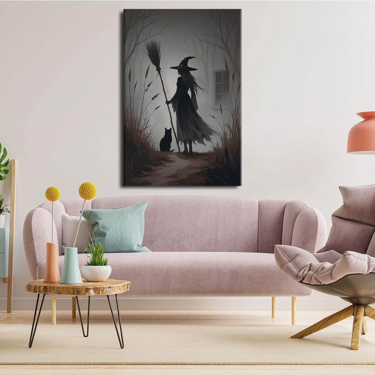 Vintage forest witch and black cat poster Halloween mural poster decoration mural art magic suitable for home living room bedroom24x36in Wood Framed