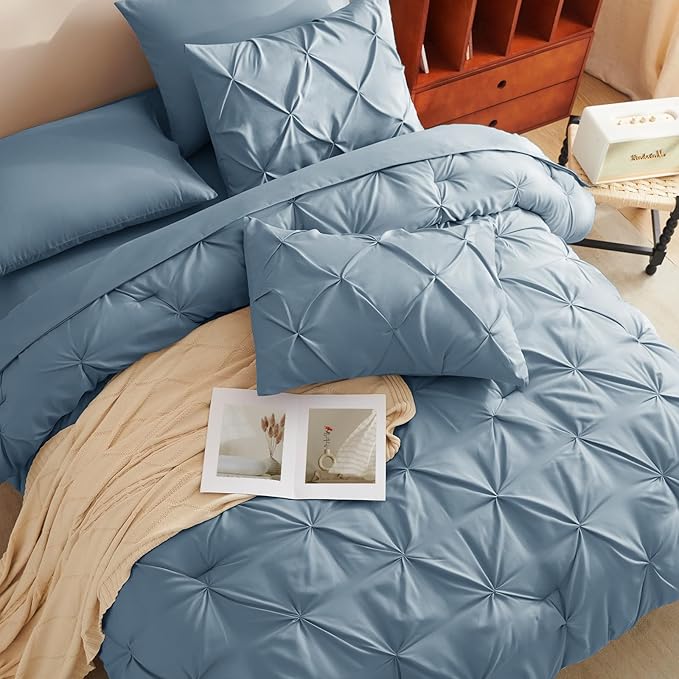 CozyLux Full Size Comforter Sets Mineral Blue, 7 Pieces Pintuck Bed in A Bag Blue Comforter Full Size, Pinch Pleat Bedding Sets with All Season Comforter, Flat Sheet, Fitted Sheet, Pillowcases & Shams