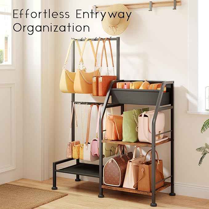 Purse Organizer for Women - 3-Tier Storage Stand & 12 Fixed Hooks, Visible Backpack Storage, Space-Saving Bag Organizer Rack for Home, Closet, Black