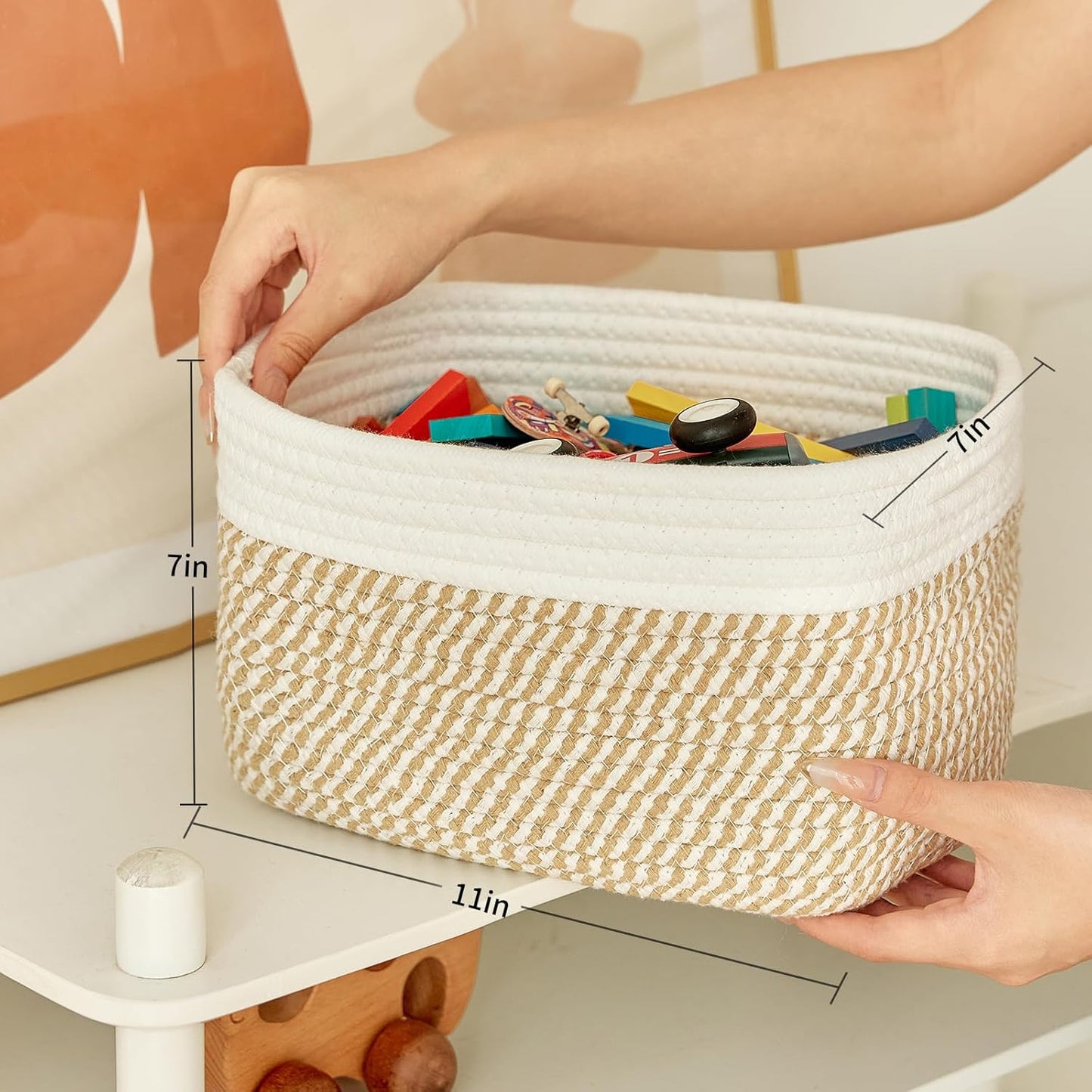 Small Cotton Rope Storage Basket Set of 3-11"x7"x7" Perfect Woven Baskets for Storage, Ideal Storage Baskets for Organizing Toys, Towels, and More - Baskets for Shelves（White & Mixed Camel）