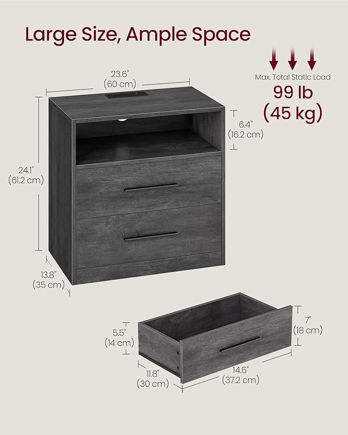 VASAGLE Custos Collection - Nightstand with Charging Station, LED Lights, Modern Night Stand, Side End Table with Drawers, Open Shelf, 2 AC Outlets USB Ports, Misty Gray ULET639GW01S