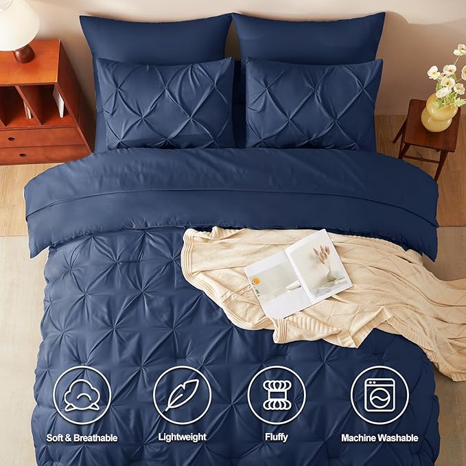 CozyLux Oversized Queen Comforter Sets Navy Blue, 7 Pieces Oversized Queen Pintuck Bed in A Bag, Pinch Pleat Bedding Sets with All Season Comforter, Flat Sheet, Fitted Sheet, Pillowcases & Shams