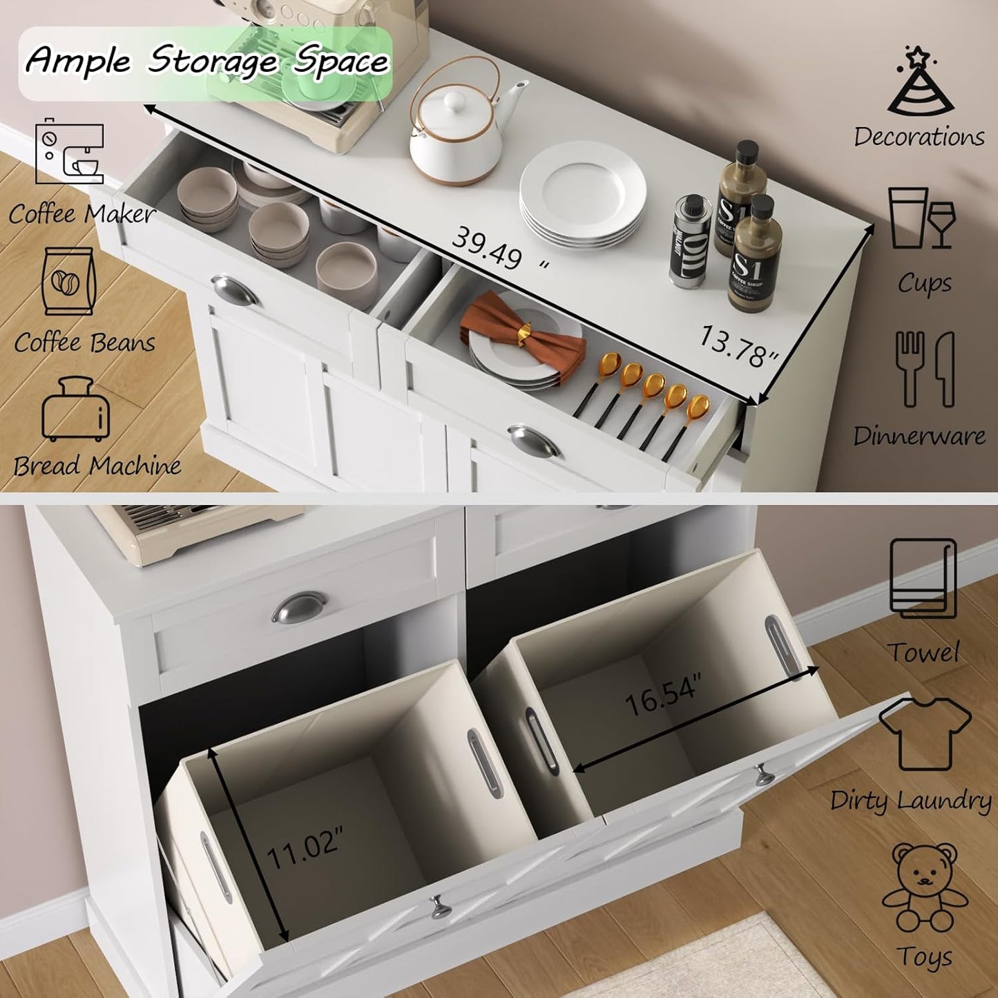 Loomie Double Tilt Out Laundry Hamper Cabinet, Hidden Laundry Cabinet with 2 Drawers & 2 Baskets, 30 Gallon Trash Can for Bathroom, Kitchen, White