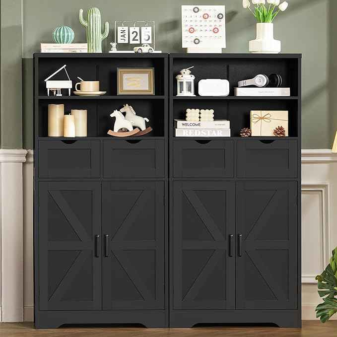 TEENFON Storage Cabinet with Doors & 2 Drawers, Kitchen Cabinet with Adjustable Shelf, Pantry Cabinets, Bathroom Cabinets, for Living Room, Entryway, Home Office, Black