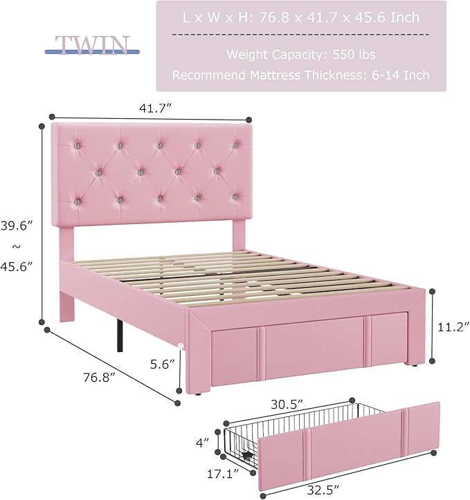 VECELO Twin Size Bed Frame with Storage Drawers, Leather Upholstered with Diamond Tufted Headboard, Solid Wood Slat Support, No Box Spring Needed, PU & Pink