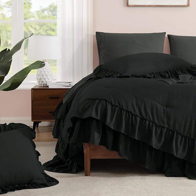 Full Comforter Set Black, Ruffle Shabby Chic Bedding Set Farmhouse 7 Pieces, All Season Fluffy Bed in a Bag with Sheets, Pillowcases & Shams