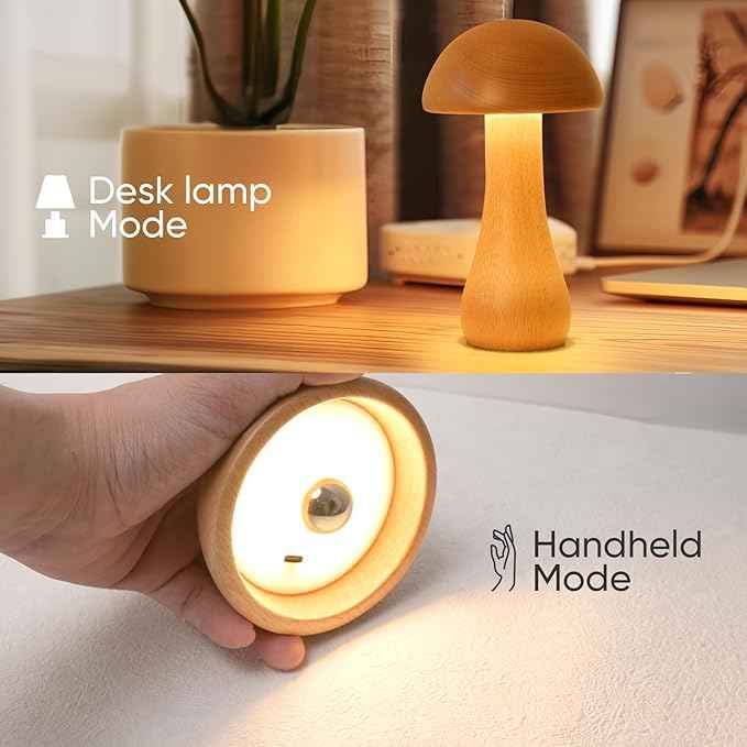 2 Pack Wooden Mushroom Lamp, Portable Cordless Small Rechargeable Battery Operated Lamp,Stepless Dimming,Night Light for Birthday Gifts
