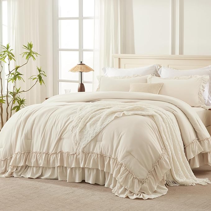 Andency Beige California King Comforter Set, 3 Pieces Farmhouse Shabby Chic Bedding Comforter Sets, Lightweight Fluffy Soft Microfiber All Season Bed Set(104x96In Comforter)