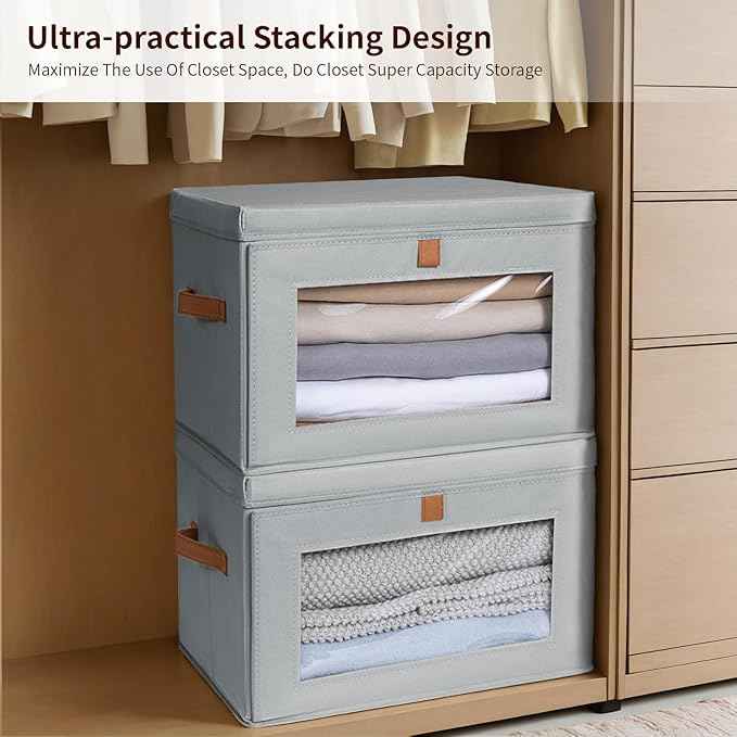 Large Closet Storage Organizer - Clothes Storage Bins with Handles & Window, Collapsible Decorative Boxes with Lids, Fabric Containers for Living Room, Dorm, 2 Pack, Grey