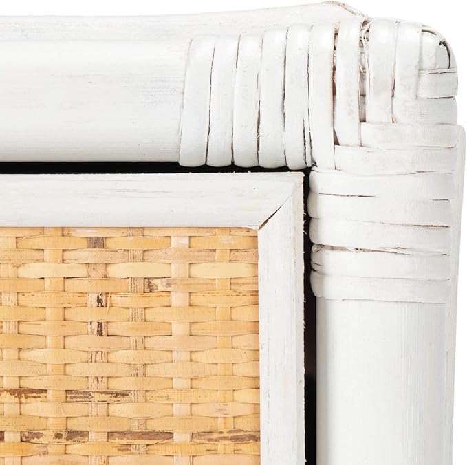 SAFAVIEH Home Collection – Roya White & Natural Nightstand with Drawer & Shelf, Coastal Accent Table, Bamboo-Style Frame & Rattan Drawer (NST4005C)