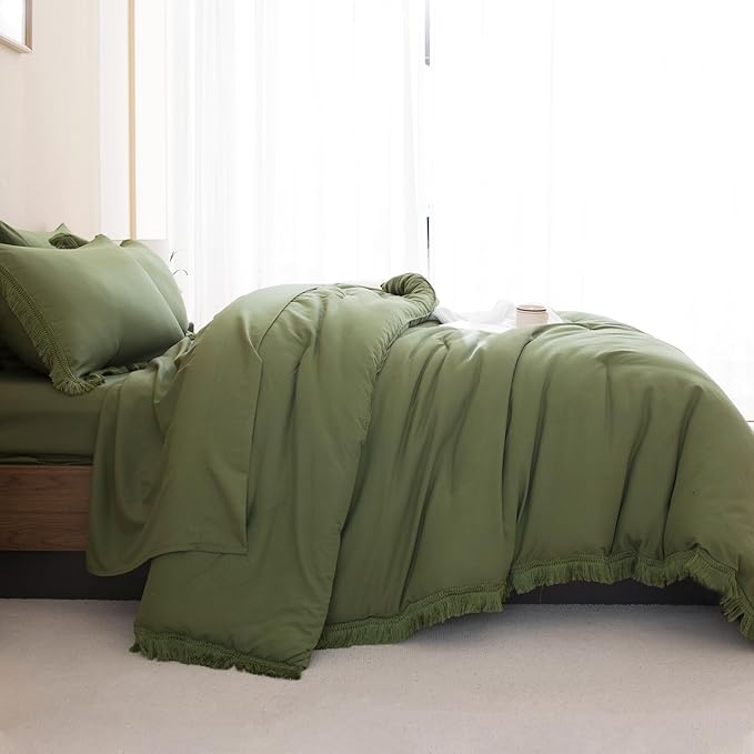 Andency Full Size Comforter Set with Sheets Olive Green -7 Pieces Bed in a Bag Boho Tassel Bedding Sets, All Season Fringe Bed Set with Comforter, Sheets, Pillowcases & Shams