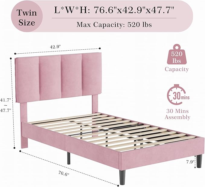 VECELO Twin Bed Frame with Upholstered Headboard, Heavy-Duty Platform Bedframe with Strong Wooden Slats Support, No Boxing Spring Needed, Pink