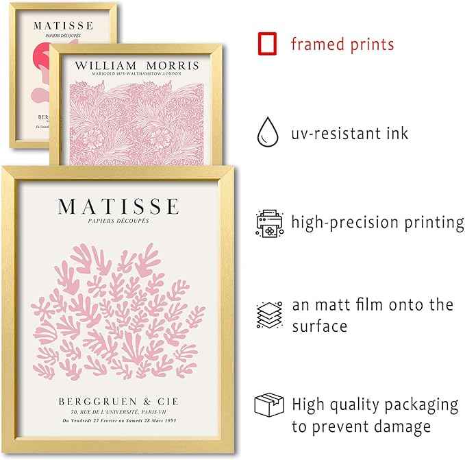 16 PCS Framed Pink Wall Art Decor, Matisse Wall Prints for Bedroom, Gallery Wall Frame Set, Minimalist Posters for Living Room Aesthetic, Collage Kit, Teen Girls Dorm Home Artwork