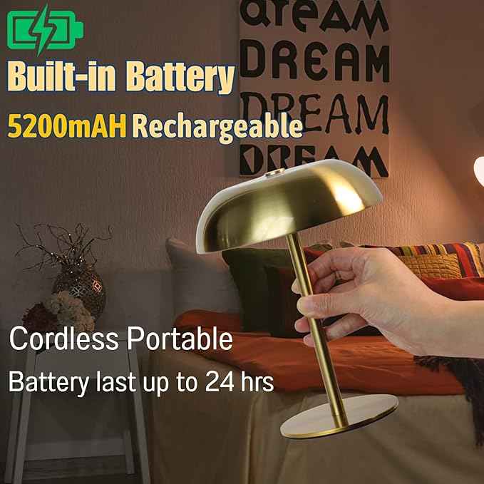 Portable LED Mushroom Table Lamp, 8.46'' Small Cordless Desk Night Light with 5200mAh Rechargeable Battery, Stepless Dimming Lamp with 3 Colors for Bedroom/Bar/Coffee Shop (Gold)