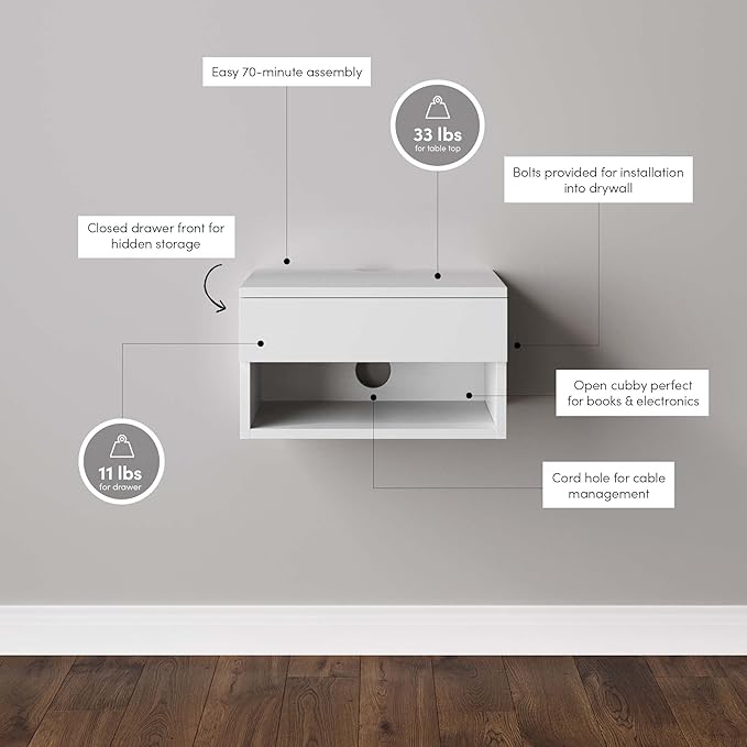 Nathan James Jackson Wall Mounted Floating Bedroom Nightstand with Storage Drawer and Modern Open Shelf Cubby, White