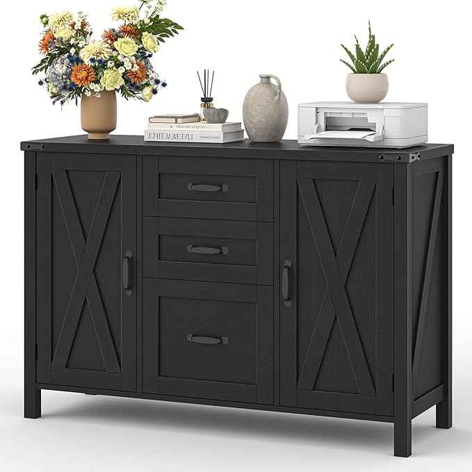 Vabches File Cabinet with 3 Drawers, Farmhouse Lateral File Cabinet Fits Files Letter/A4 Size, Wooden Filing Cabinet with Door and Adjustable Shelves Printer Stand for Home Office, Rustic Black
