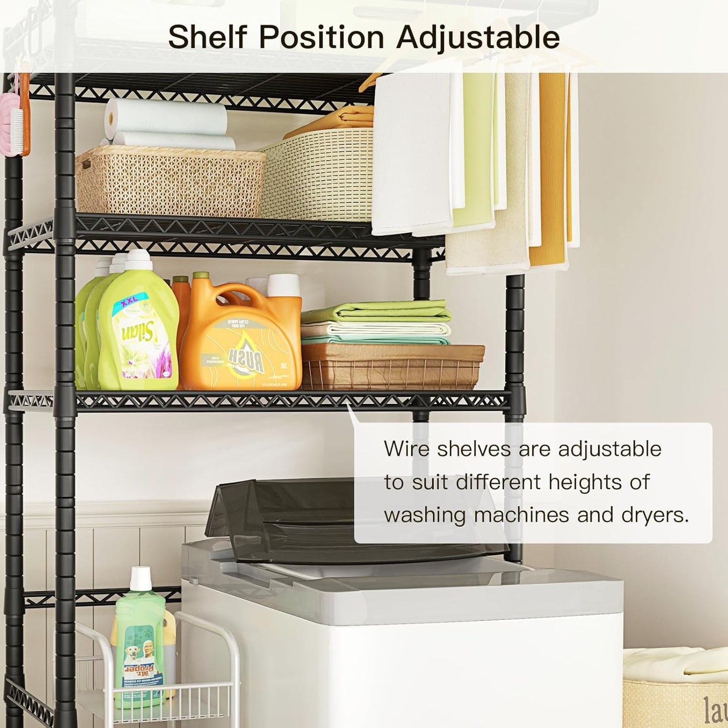 Ulif U11 Over Washer and Dryer Shelves, 3 Tiers Laundry Room Storage and Organizer Standing Shelf, Metal Freestanding Clothes Drying Rack, 33.9" W x 19.7" D x 77.6" H, Black
