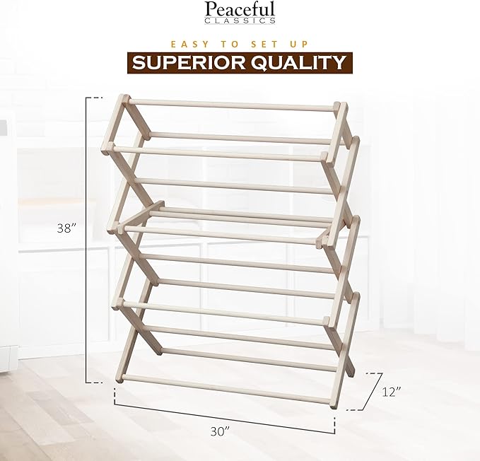 Peaceful Classics Wooden Laundry Rack - Amish Handmade Wooden Clothes Drying Rack - Foldable Drying Rack for Towel, Blanket, Linen Household Essentials - for Indoor Or Outdoor Use (38" x 30" x 13")