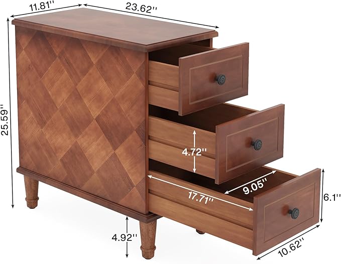 LITTLE TREE Fully Assembled End Table, Set of 2 Narrow Side Table with 3 Drawers, Pre-Assembled Nightstand Slim Bedside Table for Small Spaces, Living Room, Bedroom, Brown