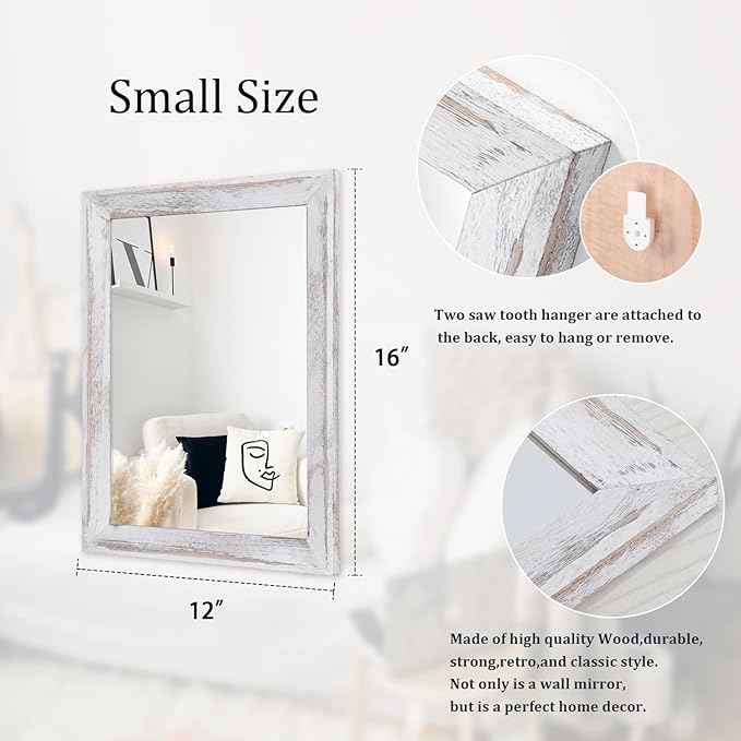 AAZZKANG Mirrors for Wall Rustic Wood Framed Hanging Mirror Decorative for Farmhouse Bedroom Bathroom Living Room Entryway Hallway Small White