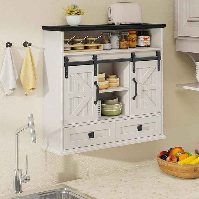 Vabches Bathroom Wall Cabinet, Farmhouse Medicine Cabinet with Double Sliding Barn Door and Storage Drawer, Wooden Vintage Storage Cabinet Wall Mounted for Bathroom, Kitchen, Rustic White and Black