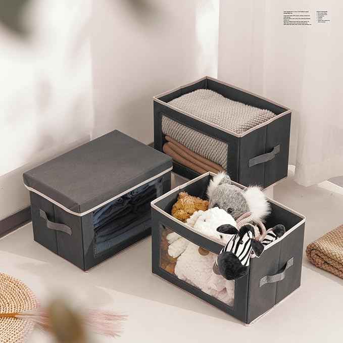Stackable Storage Bins with Lids - Medium Storage Box with Lids, Foldable Closet Boxes for Organizing, Wardrobe Clothes Organizer with Window, Cubes Bins for Living Room, 5 Pack, Dark Grey