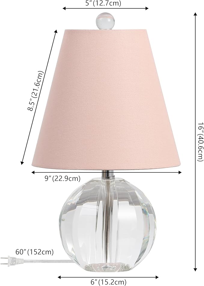JONATHAN Y JYL2079C 16" Glam Crystal Ball Table Lamp, Modern Bedside Nightstand Lamp for Bedroom Living Room Office, Clear Glass Orb with Pink Round Linen Shade and Chrome Accents, LED Bulb Included