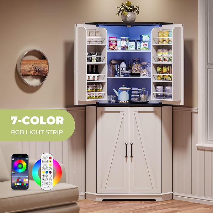 Dripex 71" Corner Cabinet White, Farmhouse Kitchen Pantry Cabinet with Doors Storage & Adjustable Shelves, Tall Corner Storage Cabinet with LED Light, Food Pantry for Living Room, Dining Room