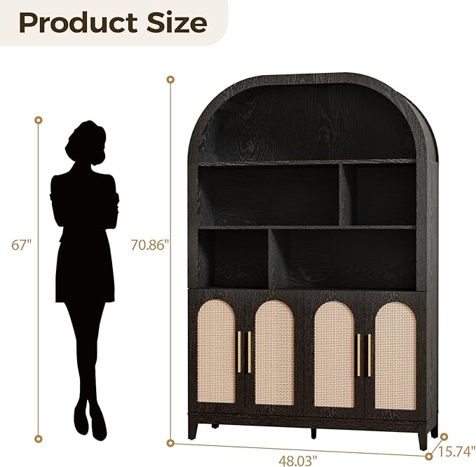 71" Arched Tall Wood Storage Cabinet - 5-Tier Rattan Door Pantry Organizer with Divider Shelf & Gold Handles, Versatile Bookcase for Living Room & Kitchen, Jet Black