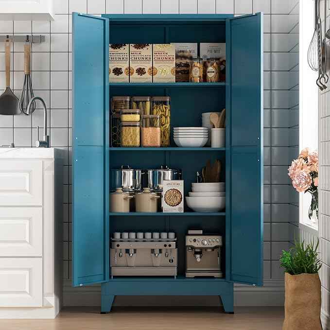 COFaR Home Farmhouse Storage Cabinet with 2 Barn Door, Tall Kitchen Pantry Cupboard with 3 Adjustable Shelves, for Dining Room, Bathroom, Living Room (Blue Green, 61" Farmhouse)