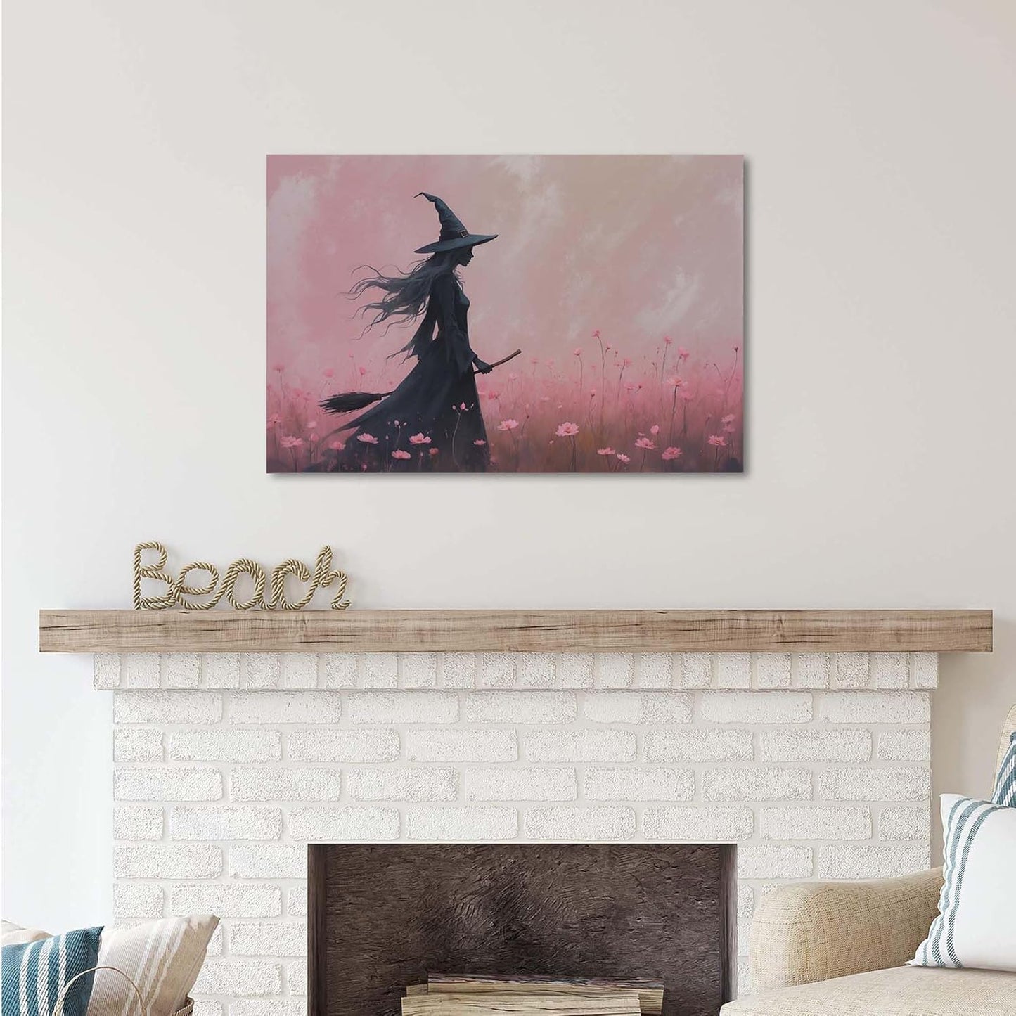 JFHCQJPK Witch in the pink sea of flowers Halloween prints weird flowers wall art silhouette painting fashionable romantic decoration suitable for bedroom28x40in Frameless