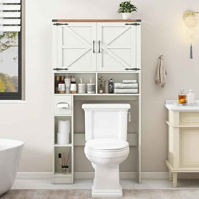 Vabches Over The Toilet Storage Cabinet, Farmhouse Storage Cabinet Over Toilet with 2 Barn Doors && Toilet Paper Holder Stand，Home Space-Saving Toilet Rack, for Laundry, Restroom, Bathroom