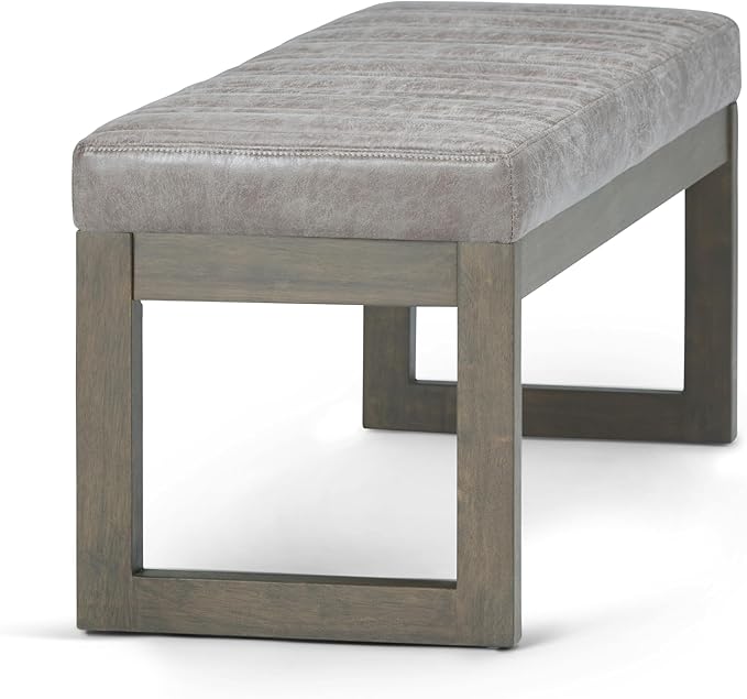 SIMPLIHOME Casey Ottoman Bench - 48 inch Wide Upholstered Vegan Leather Rectangle Ottoman in Distressed Grey Taupe, Contemporary Modern Bench for Bedroom with Quilted Stitching, Assembled