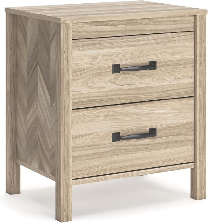Signature Design by Ashley Battelle Mid-Century Modern Nightstand with Chevron Pattern, 2 Storage Drawers, Dark-Color Hardware, Wood, 24.5" High, Light Brown