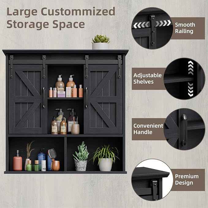 Vabches Bathroom Wall Cabinet, Farmhouse Medicine Cabinet with Double Sliding Barn Door and Adjustable Shelves, Wooden Vintage Storage Cabinet Wall Mounted for Bathroom, Kitchen Dining, Black