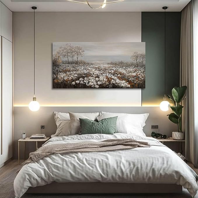 GAIDUOMAI Farmhouse Decor Tree and Ocean Wall Art White Flowers Vintage Artwork 24"x48" Grey Pictures Wall Decor for Dining Room Bedroom Office
