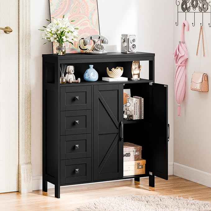 Vabches Farmhouse Storage Cabinet with 2 Doors and 4 Drawers, Freestanding Bathroom Compartment Kitchen Pantry Cabinet, Floor Cupboard for Kitchen/Living Room/Bathroom,Pure Black