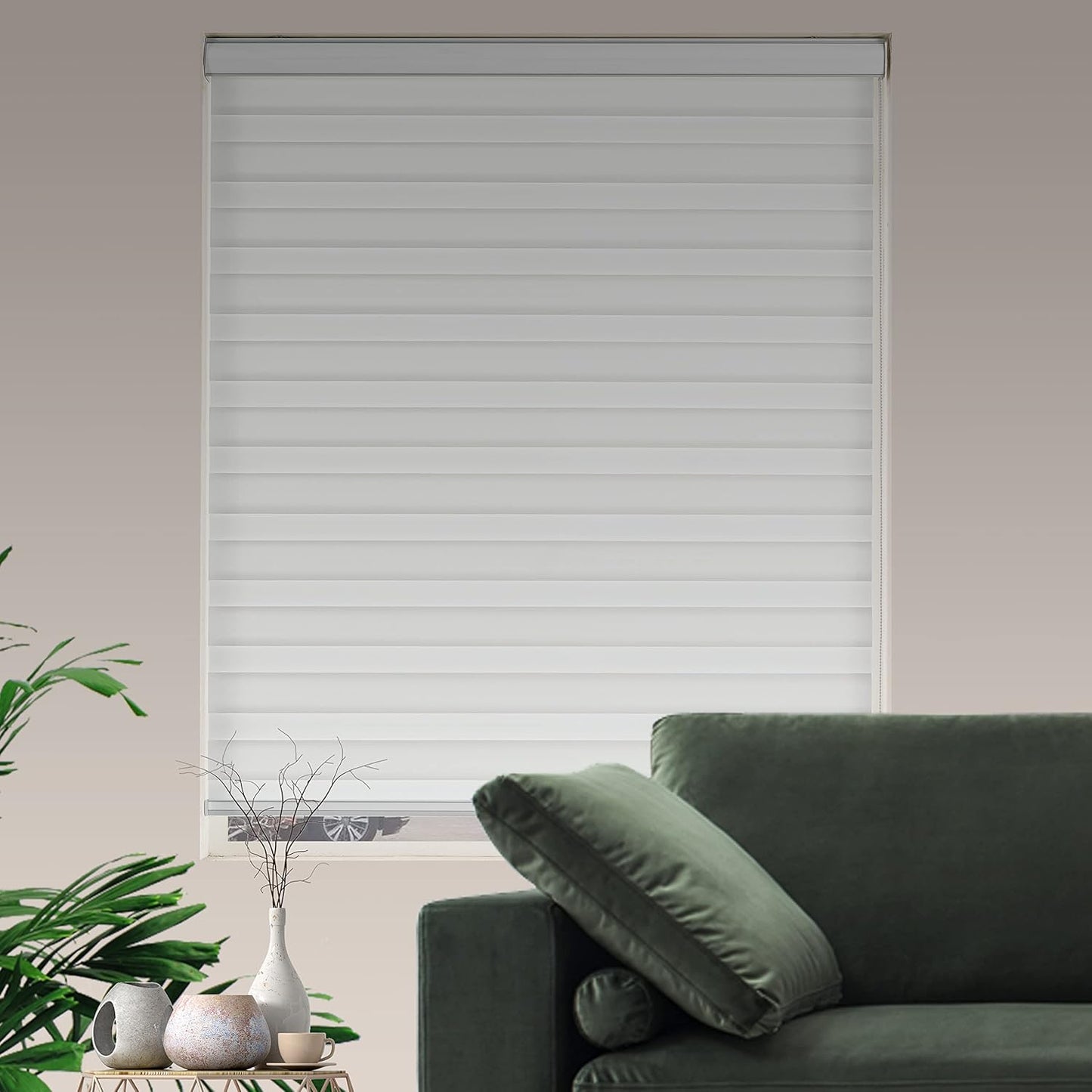 Zebra Blinds for Windows Dual Layer Light Filtering Privacy Free-Stop Sheer Shades Light Control for Indoor Windows Zebra Shades for Living Room(51" W X 72" H, White)