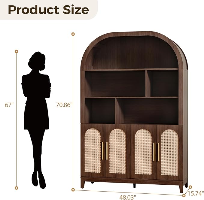 71" Arched Tall Wood Storage Cabinet - 5-Tier Rattan Door Pantry Organizer with Divider Shelf & Gold Handles, Versatile Bookcase for Living Room & Kitchen, Dark Brown
