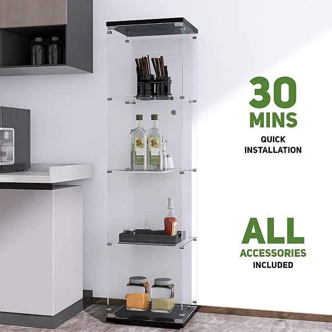 Beauty4U Glass Display Cabinet with 4 Shelves, Curio Cabinets for Living Room, Bedroom, Office, Black Floor Standing Glass Bookshelf, Quick Installation