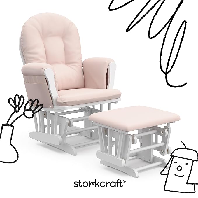 Storkcraft Premium Hoop Glider & Ottoman (White/Pink) — GREENGUARD Gold Certified Nursery Glider, Solid Wood Craftsmanship, Smooth-Gliding Nursery Chair and Ottoman, Award-Winning