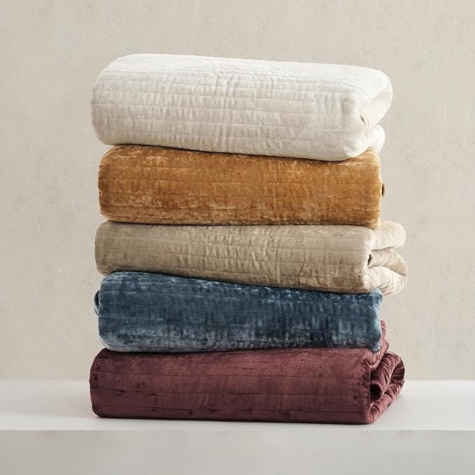 EVERGRACE Velvet Quilt Set Queen Size, Luxurious Soft Striped Channel Bedding Set, Lightweight Velvet Comforter for All Season, Oversized Bedspread Coverlet with 2 Matching Shams, Beige Taupe