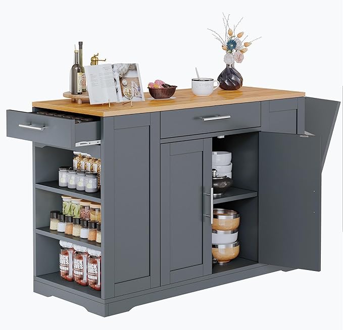 YITAHOME 53 inch Large Rolling Kitchen Island with Trash Can Storage Cabinet, Portable Mobile Islands Table Long Floating Movable w Wheels Cabinet for 13 Gallon Garbage Bin 2 Drawer, Grey