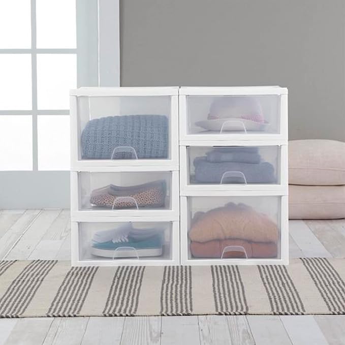 Sterilite 18-Pack 16 Quart Stacking Drawer, Clear Storage Closet Organizer, White Frame - Stackable Modular Plastic Drawers for Clothes, Accessories, Craft Supplies, Shoes or Linens