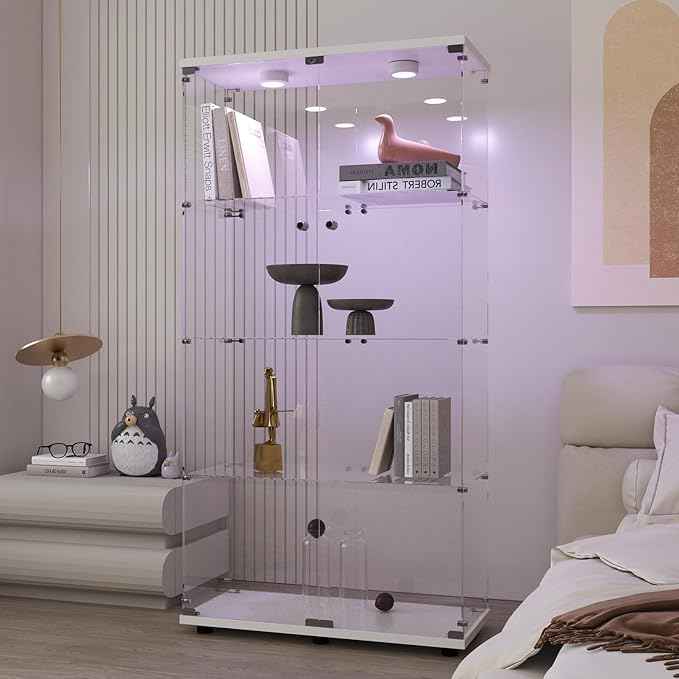 Beauty4U Glass Display Cabinet with LED Light, 4 Shelves with 2 Doors, Curio Cabinets for Living Room, Bedroom, Office, White Floor Standing Glass Bookshelf, Quick Installation