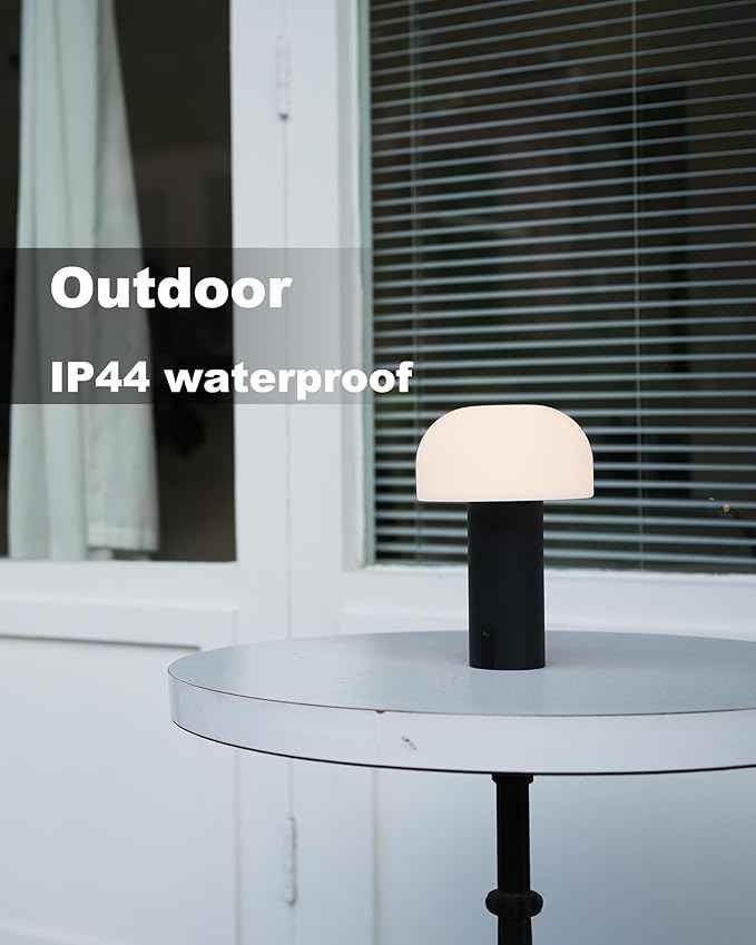 Cordless Mushroom Table Lamp, Waterproof Shower Lamp, Battery Operated Table Lamp Rechargeable, Touch Dimmable Night Light for Bedroom/Patio/Camping/Dinning/Outdoor (Black)