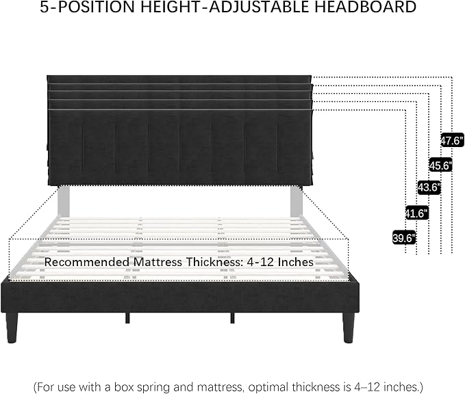 VECELO King Size Bed Frame with Upholstered Headboard, Heavy-Duty Bedframe with Strong Wooden Slats Support, No Boxing Spring Needed, Black