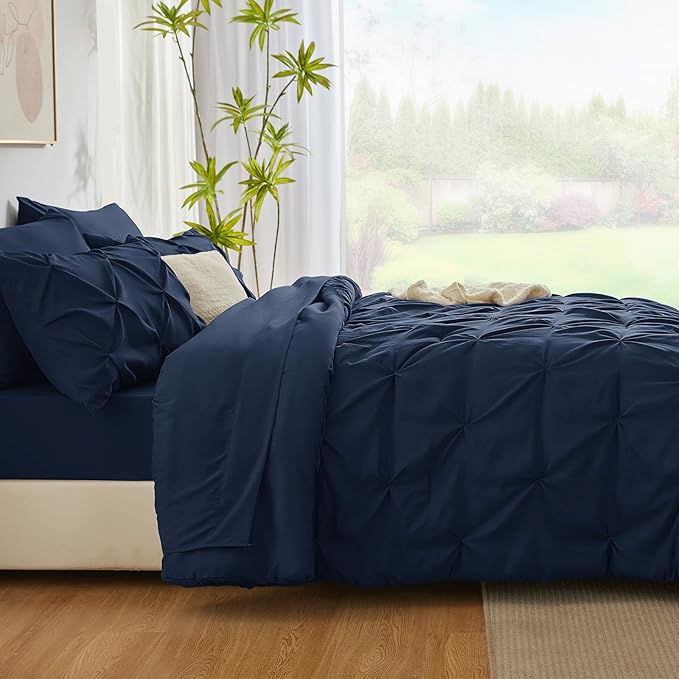 CozyLux Full Size Comforter Sets Navy Blue, 7 Pieces Pintuck Bed in A Bag Blue Comforter Full Size, Pinch Pleat Bedding Sets with All Season Comforter, Sheets, Pillowcases & Shams