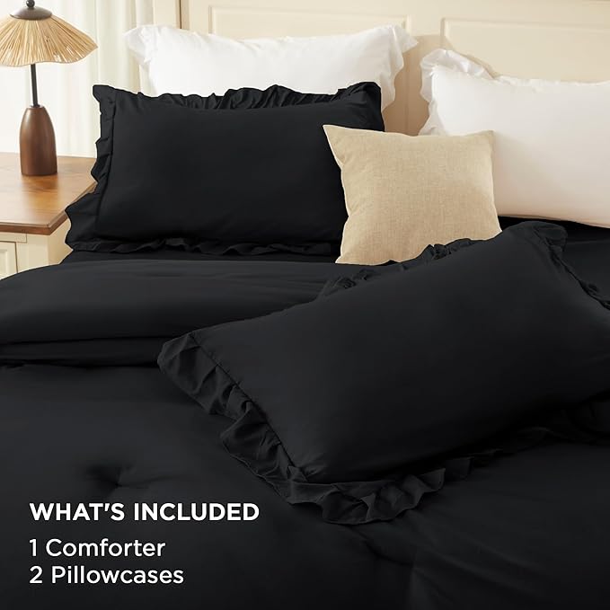 Andency Black California King Comforter Set(104x96Inch), 3 Pieces Farmhouse Shabby Chic Ruffle Bedding Comforter Sets, Lightweight Fluffy Soft Microfiber All Season Bed Set